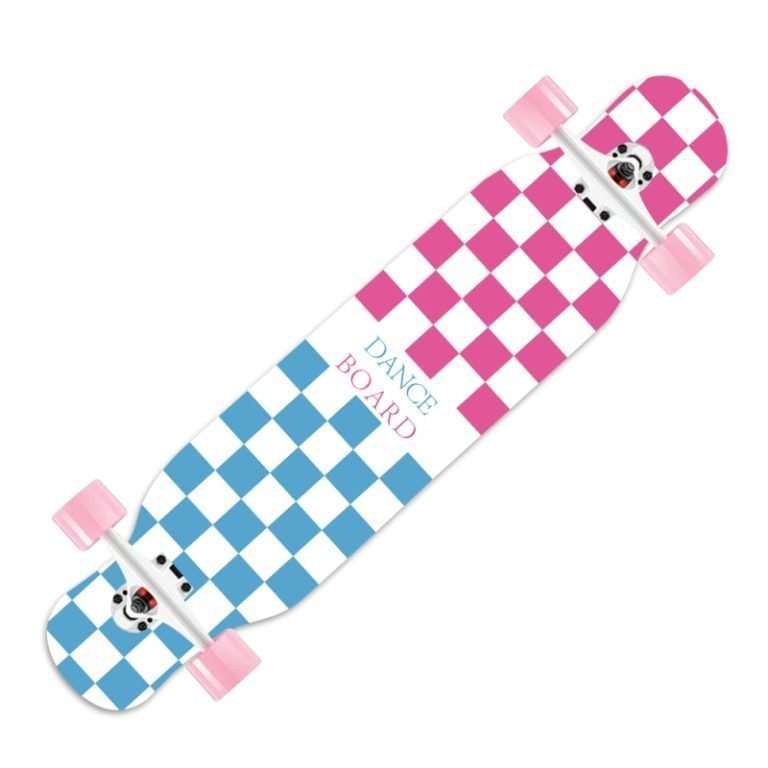 Pastel Checker 110cm complete longboard — pink and white checker graphic deck