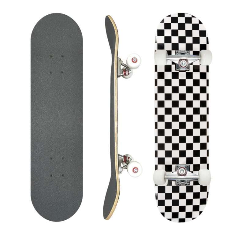 Black and White Plaid 110cm complete longboard — monochrome plaid graphic