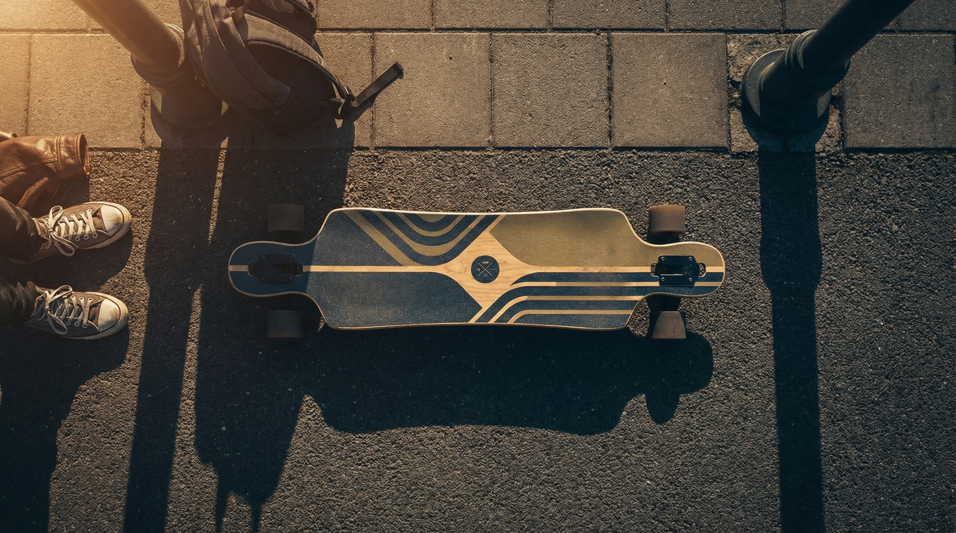 110cm complete longboard with graphic deck on urban concrete — types of longboard riding styles overview