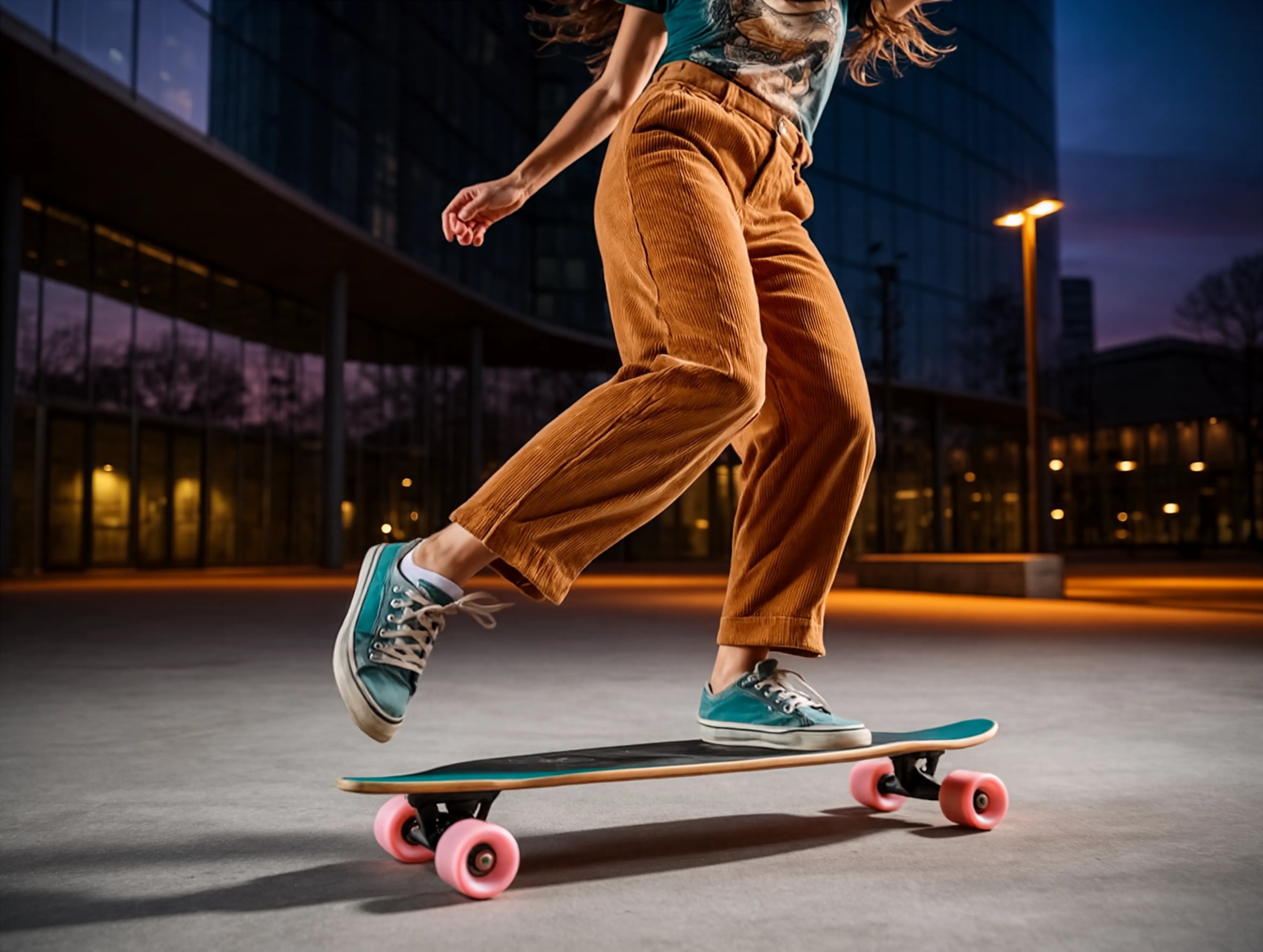 Stylish longboarder performing a cross-step dancing trick on a 110cm deck