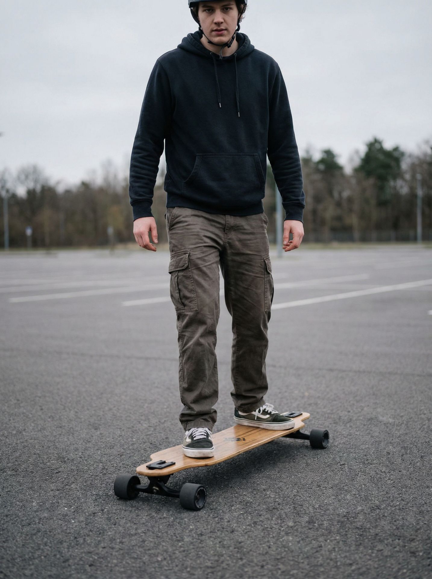 Beginner longboarder showing correct foot placement — front foot angled forward, back foot across rear trucks, knees slightly bent