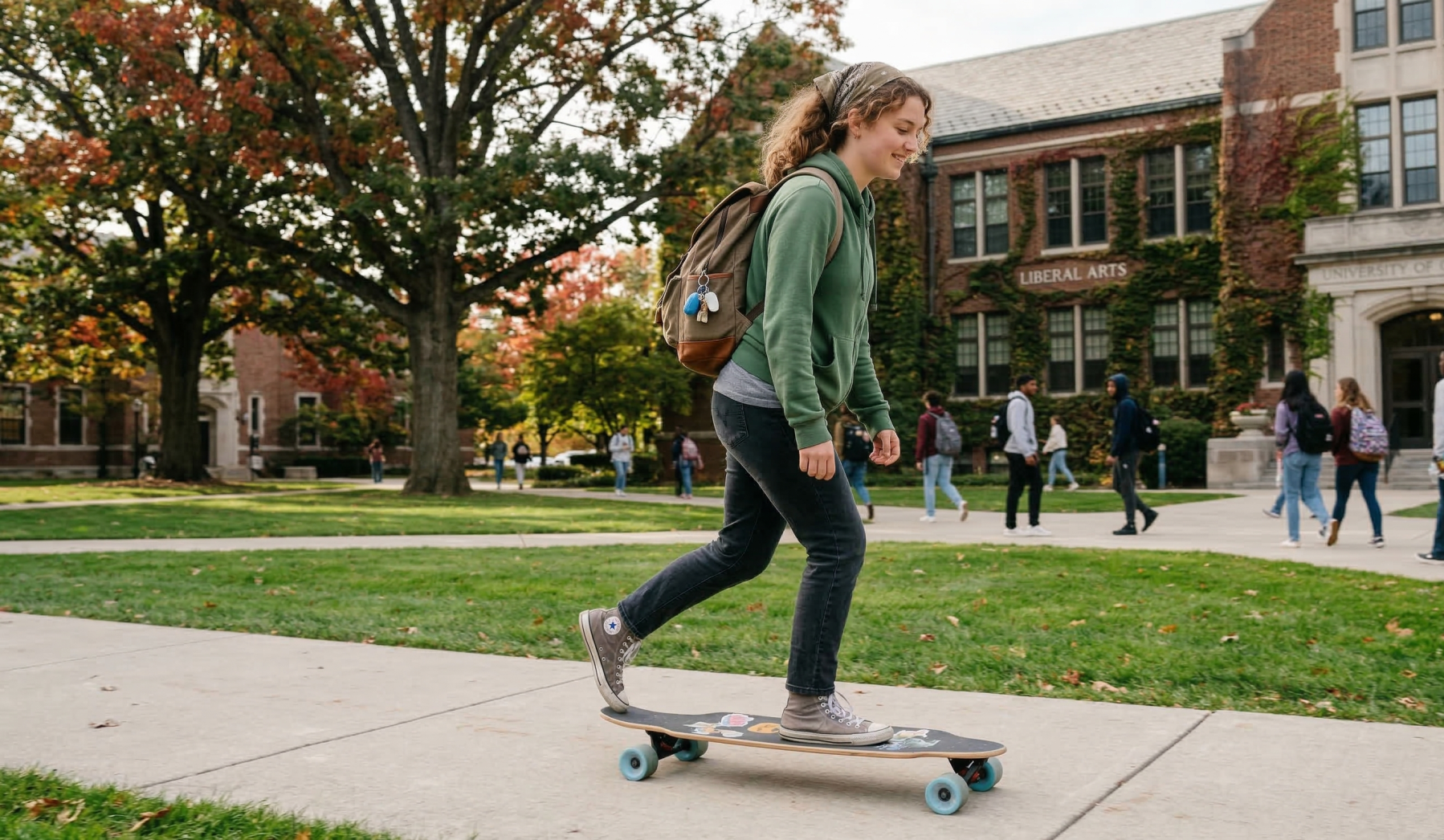 College student campus commute on a 110cm beginner longboard — stable setup for new riders