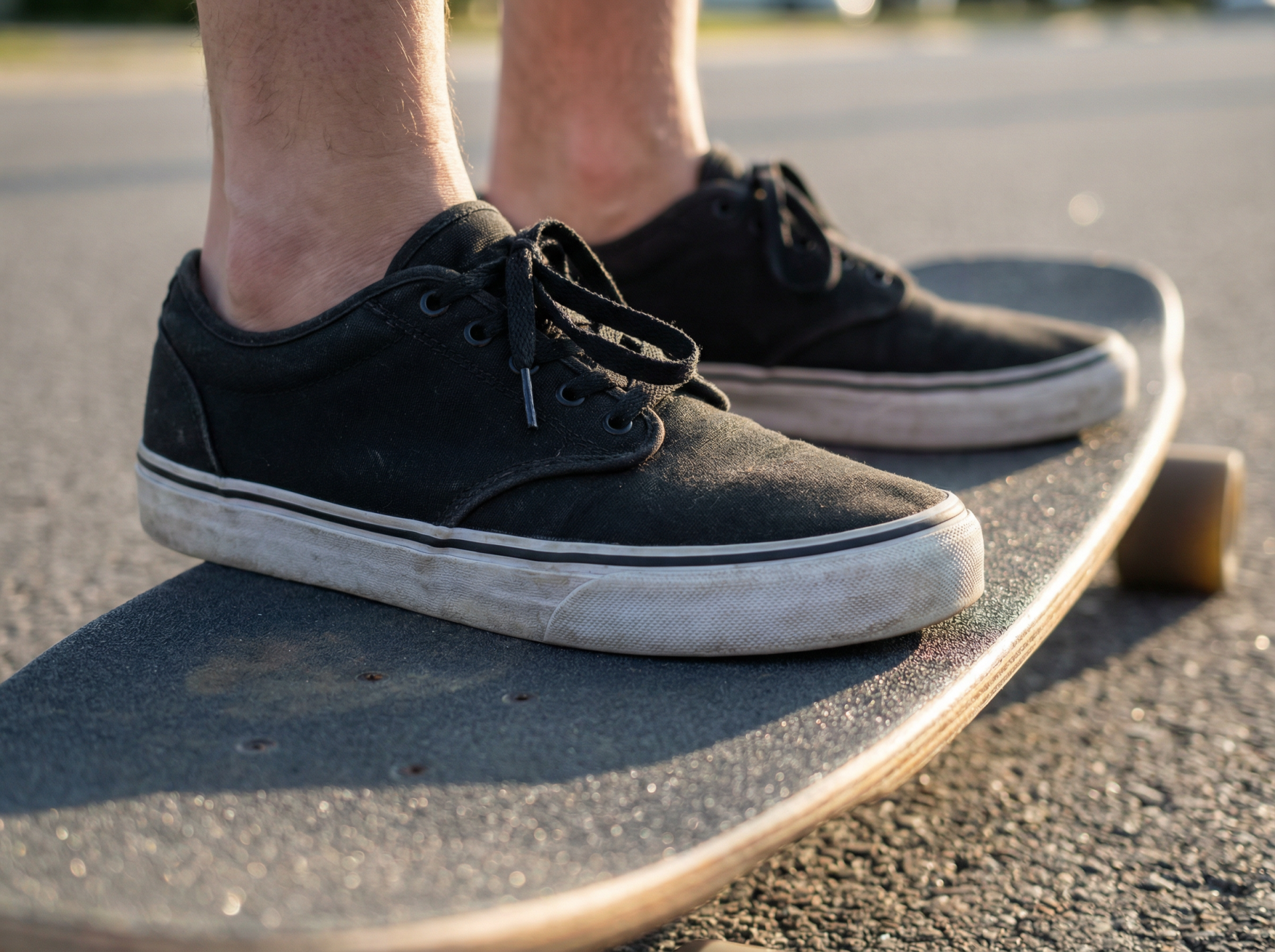 Flat-soled canvas shoes on a longboard deck — correct footwear for board feel and beginner balance