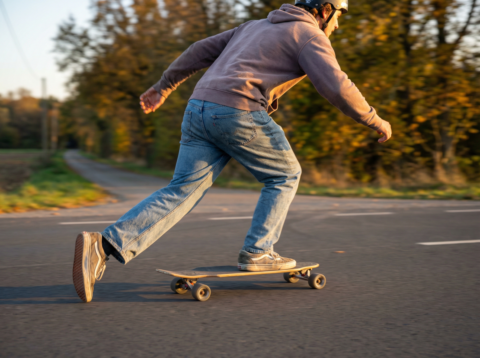 Correct longboard push technique — back foot on ground, front foot on deck, body leaning forward