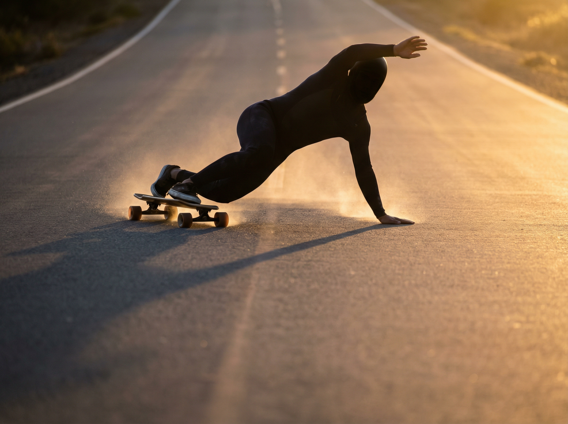 Longboarder executing a deep heelside carve at speed — full body lean, board tilted, arms out, carving a wide arc on smooth pavement