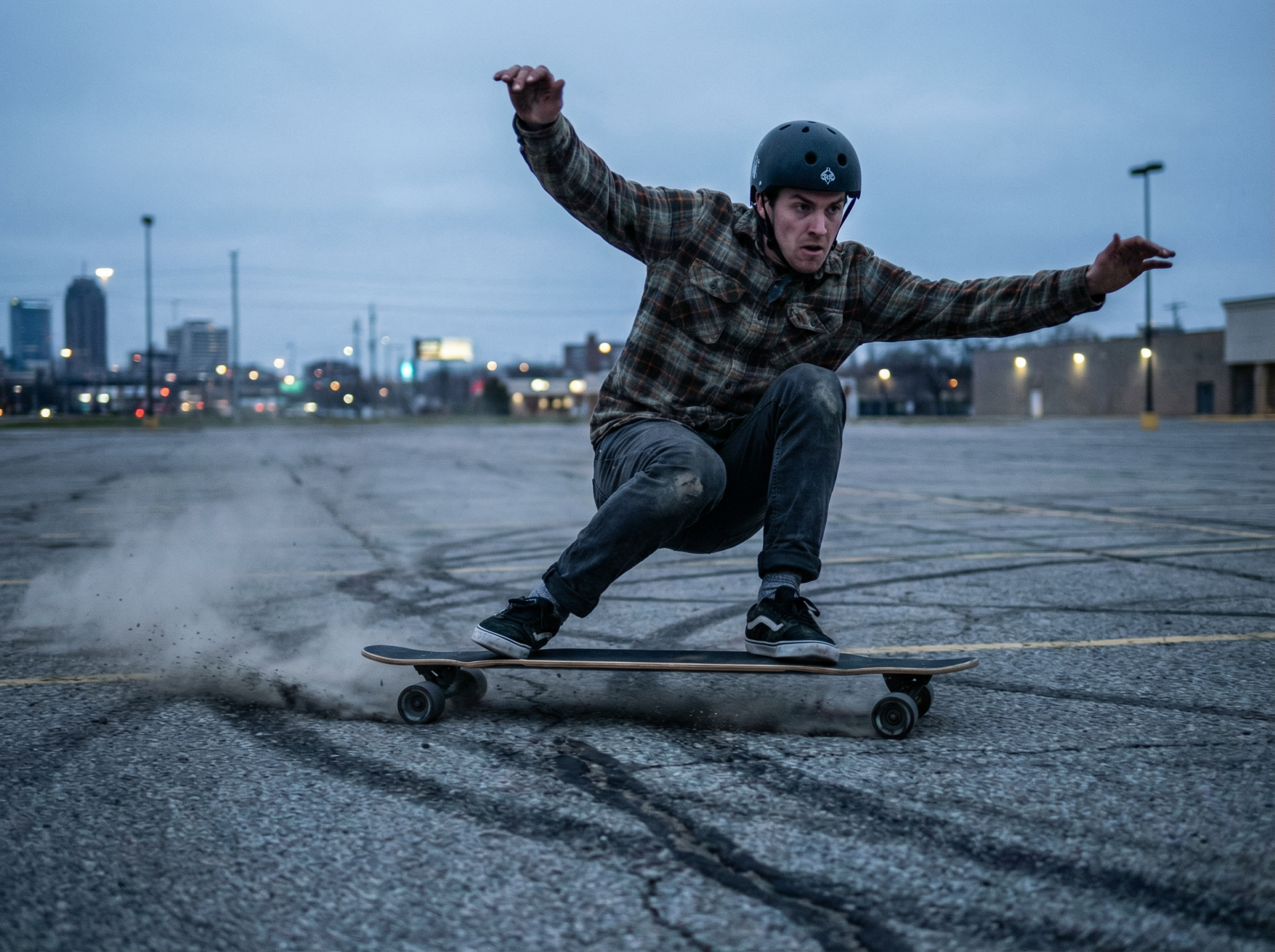 Longboarder executing a powerslide — board rotated 90 degrees, wheels skidding to a stop