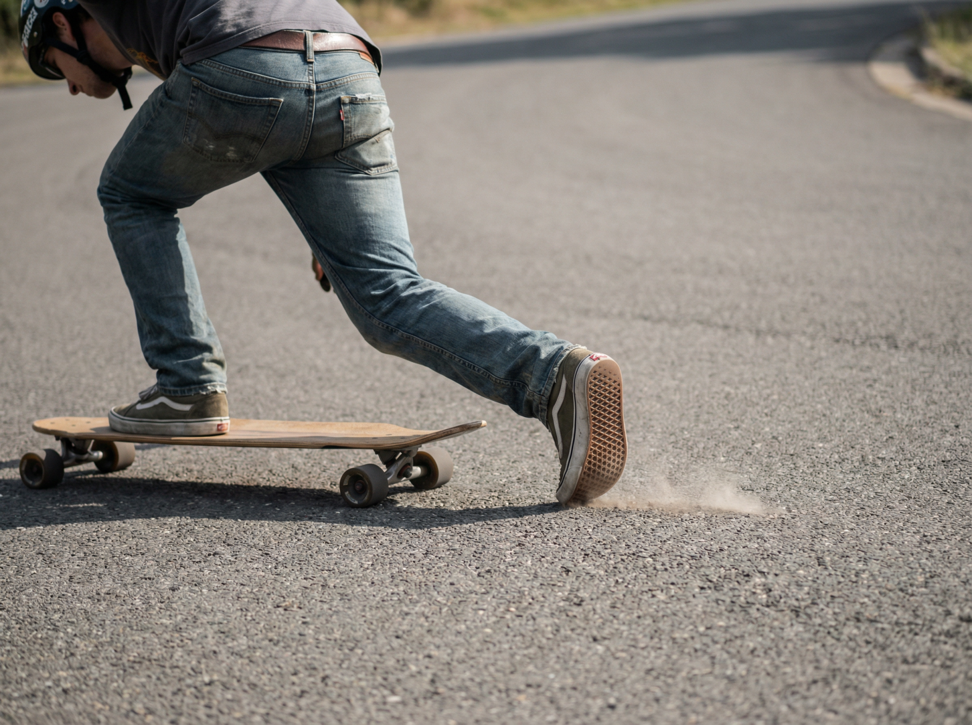 Longboarder performing foot brake — back foot dragging lightly on pavement to slow down
