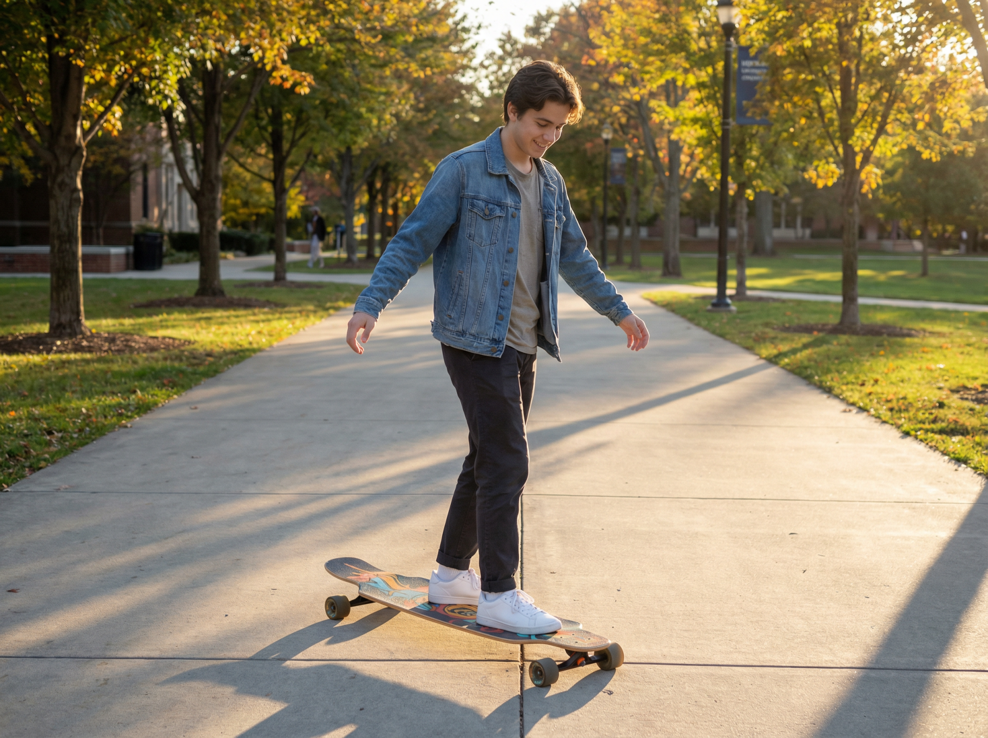 Beginner easily balancing on a wide 110cm longboard deck — soft wheels and low center of gravity
