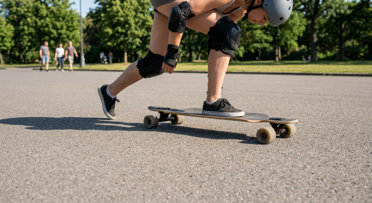 beginner longboarder pushing off on smooth pavement — correct foot position for pushing