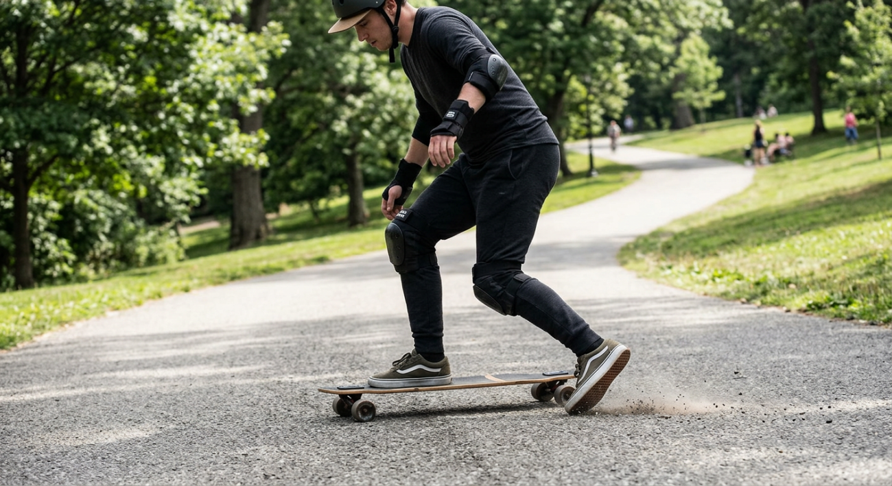 foot braking technique on longboard — back foot dragging to slow down safely