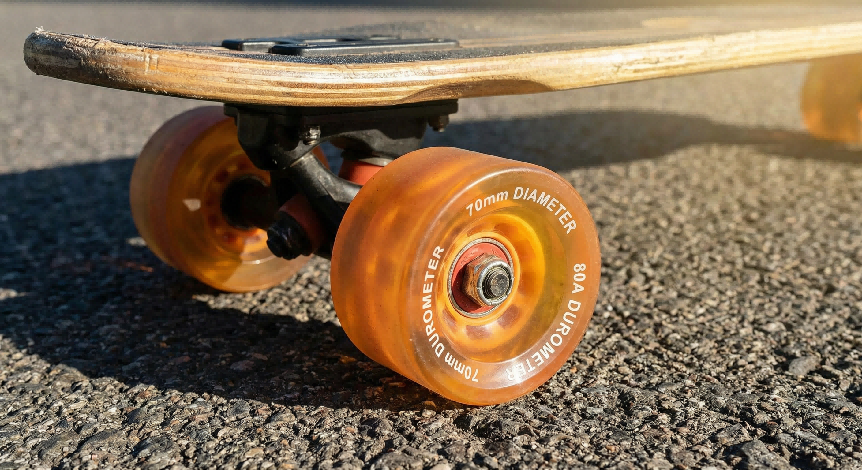Close-up of an orange longboard wheel with visible specifications on asphalt.