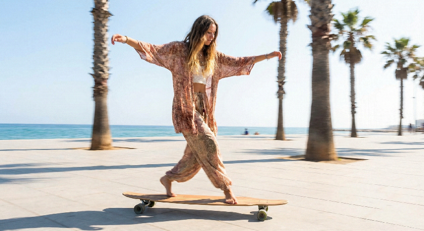 A woman balances barefoot on a longboard at a sunny beach promenade with palm trees.