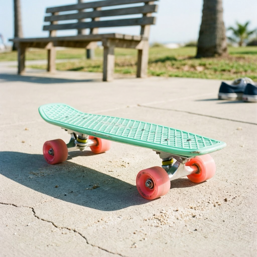 A short mint green longboard, a penny board, sits on concrete.