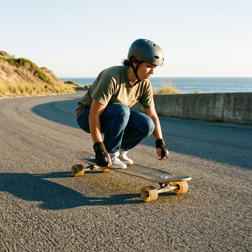 A longboarder wearing a helmet crouches low, riding on a winding coastal road.