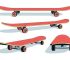 Illustrations of red longboard decks and trucks from different angles.