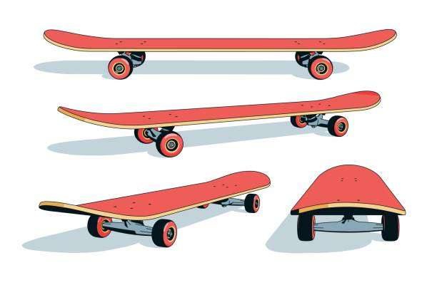Illustrations of red longboard decks and trucks from different angles.