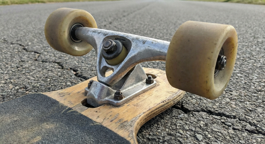 Close-up view of a worn longboard truck and beige wheels on textured road surface.
