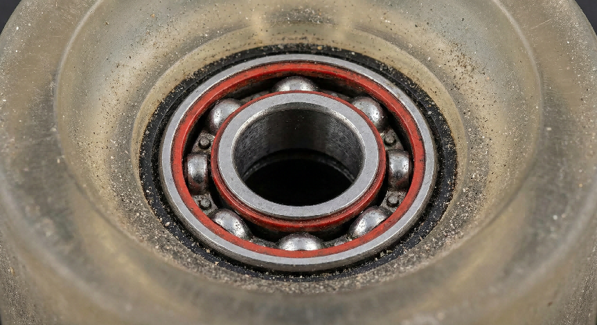 Extreme close-up of a dirty longboard wheel bearing with a red seal.