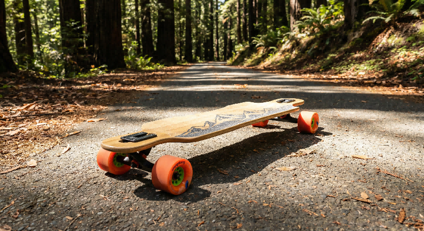 A longboard with orange wheels sits on a sunlit forest path.