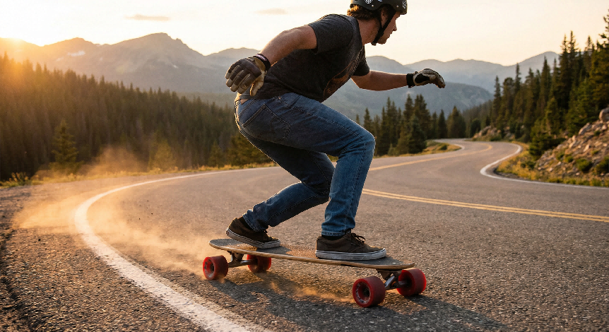 A longboarder carves down a scenic mountain road at sunset, kicking up dust.