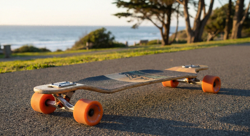 A drop-through longboard with orange wheels rests on a coastal path overlooking the ocean.