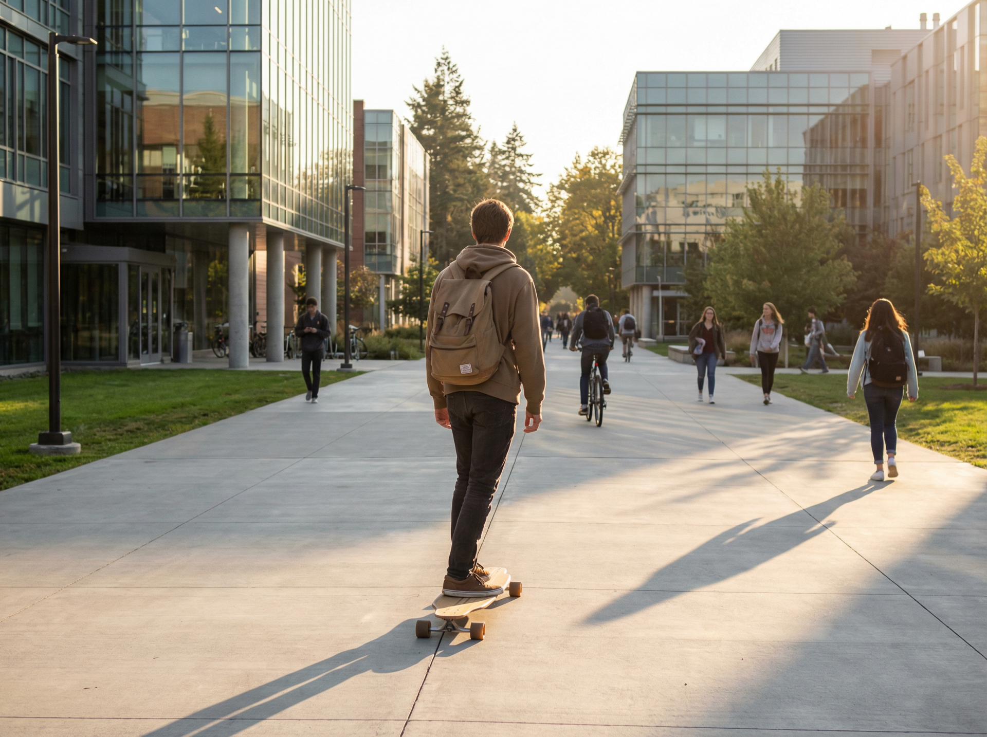 College student riding a longboard to class across campus — longboard commuting on smooth pavement