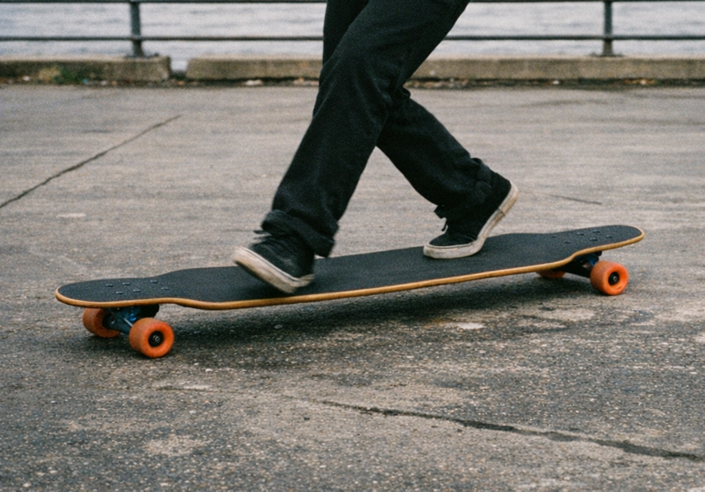 Longboard dancer performing cross-step footwork on a 110cm dancing longboard — most popular longboard style