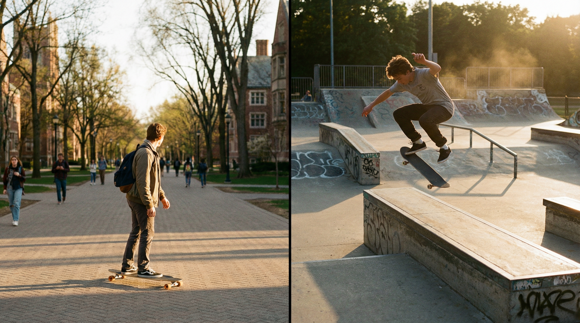 Longboard vs skateboard comparison — campus cruising on the left, skatepark tricks on the right