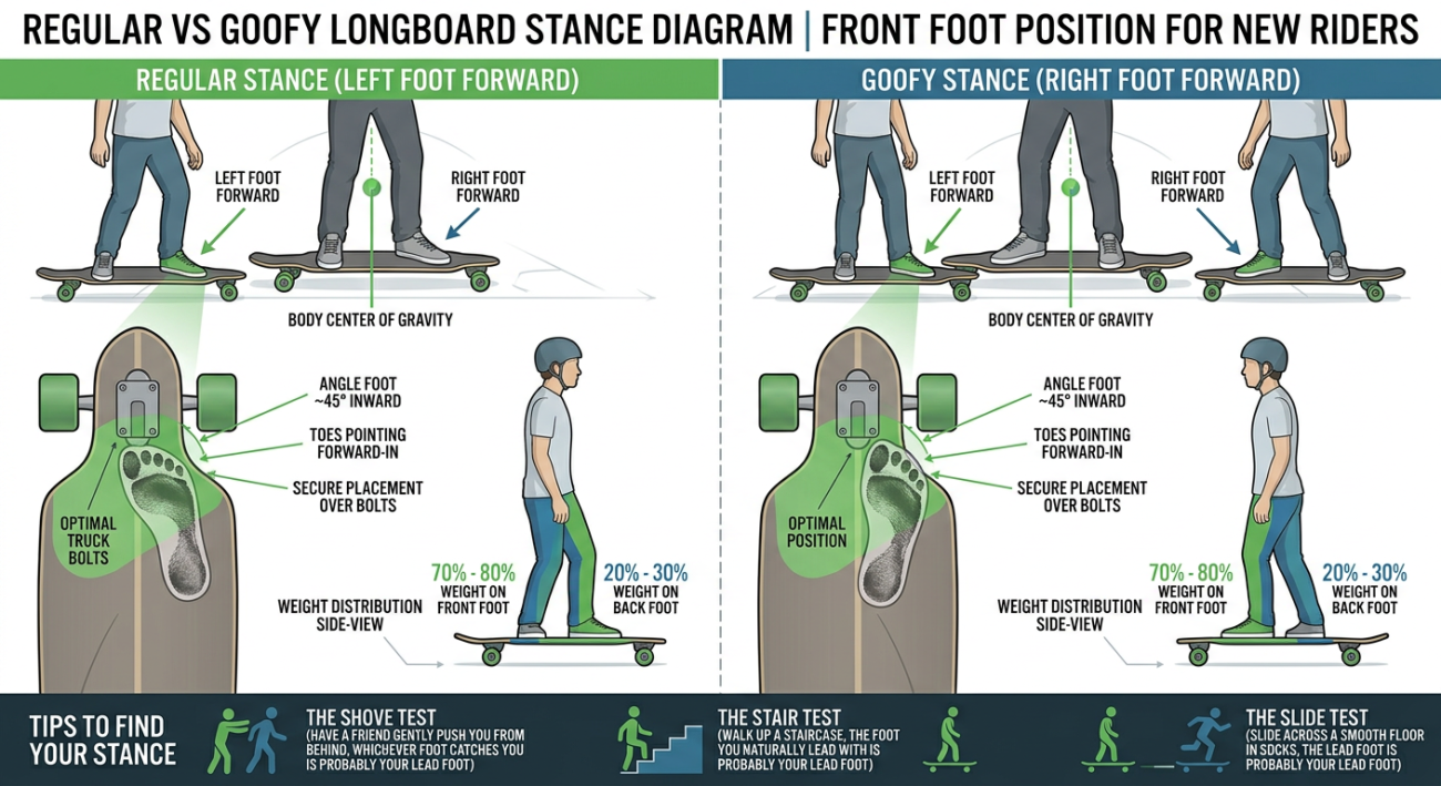 regular vs goofy longboard stance diagram — front foot position for new riders