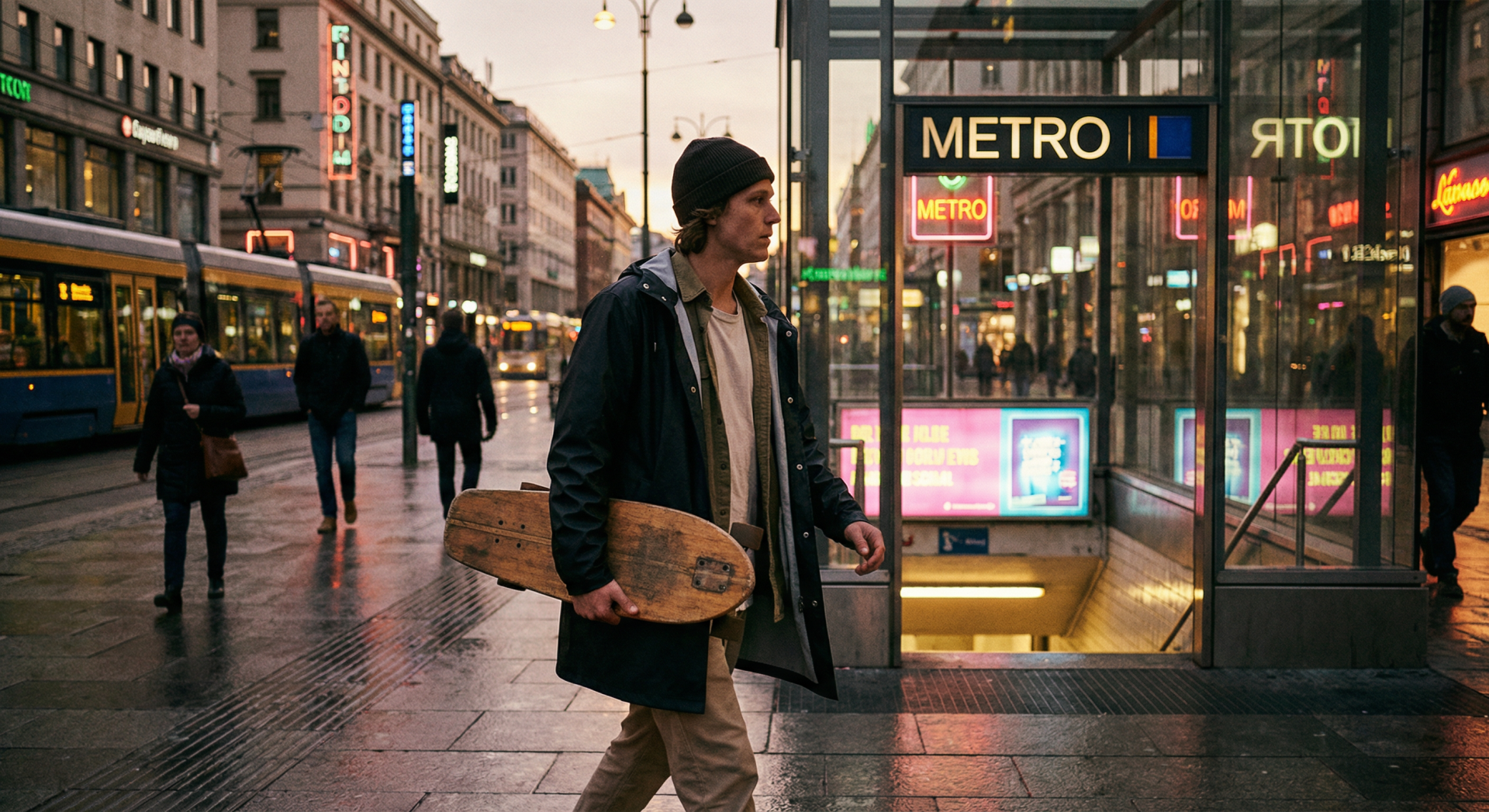 Urban commuter holding a compact wooden cruiser skateboard under their arm