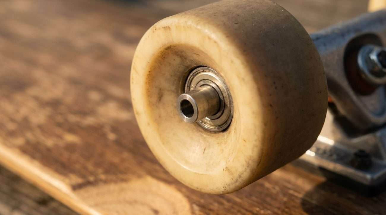Close-up of a longboard wheel with bearing and spacer visible on the truck axle — showing correct installation with spacer between bearings