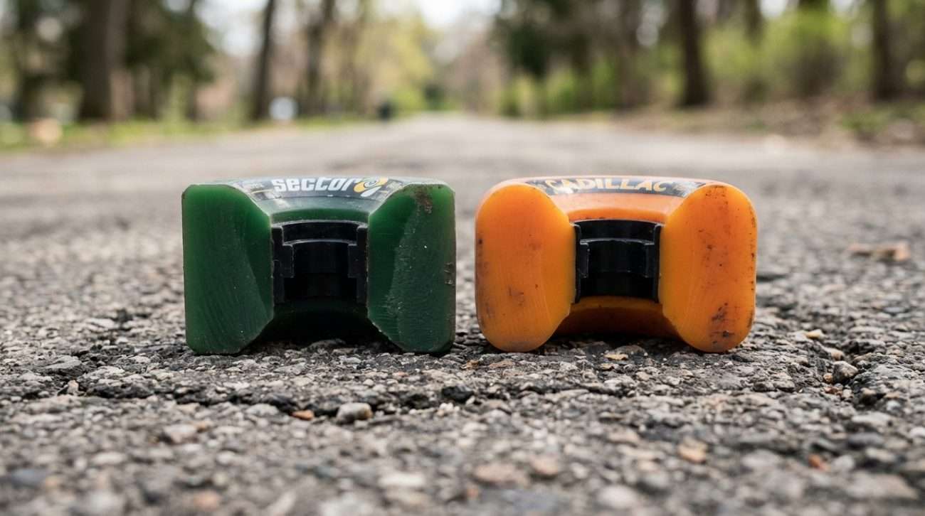 Close-up of longboard wheel contact patch on cracked pavement