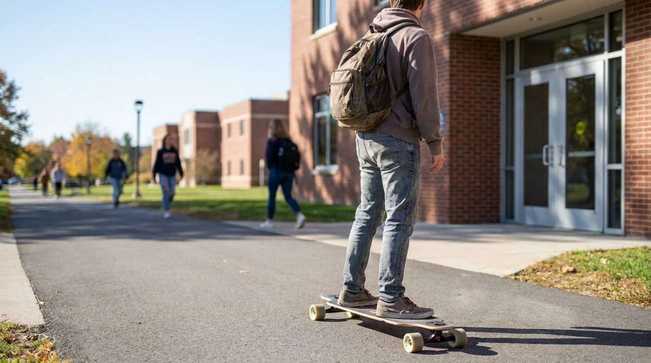 College student riding a longboard across a campus path toward a building — commute use case