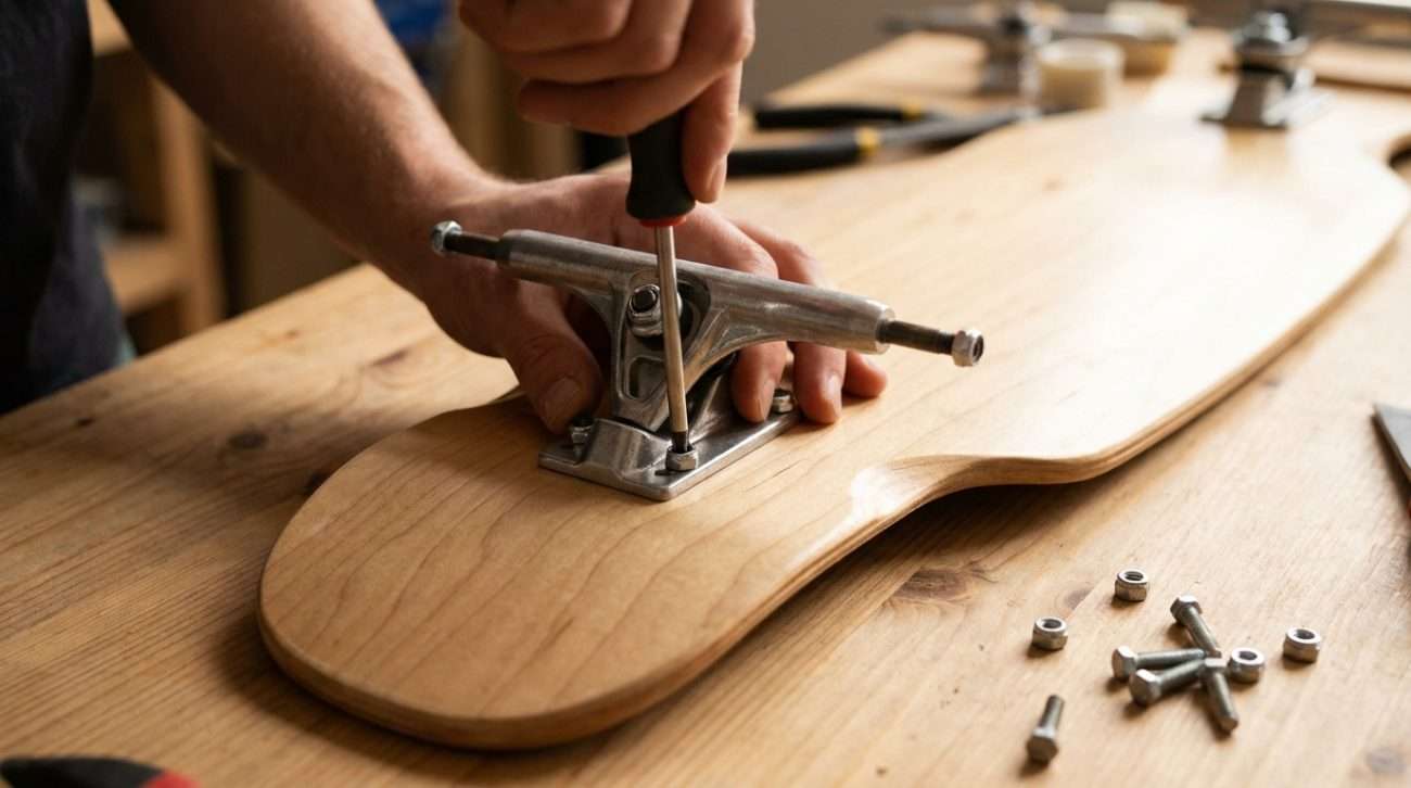 Hands mounting longboard trucks onto a maple deck with a screwdriver — step-by-step assembly process