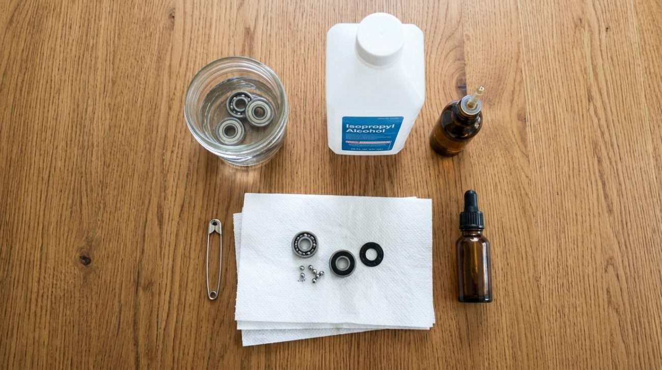 Longboard bearing cleaning supplies on a wood table