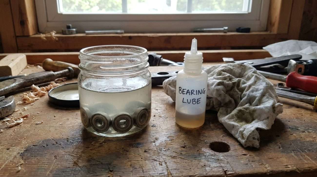 Longboard bearings being cleaned with a small bottle of bearing lubricant on a wooden workshop surface