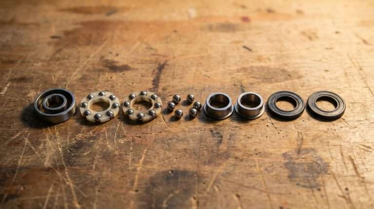 Longboard bearings laid out on a wooden surface showing inner race, balls, cage, shield, and outer race — component breakdown for beginners