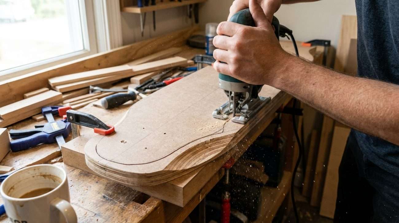 Raw longboard deck blank being cut to shape with a jigsaw in a home workshop — DIY deck building process