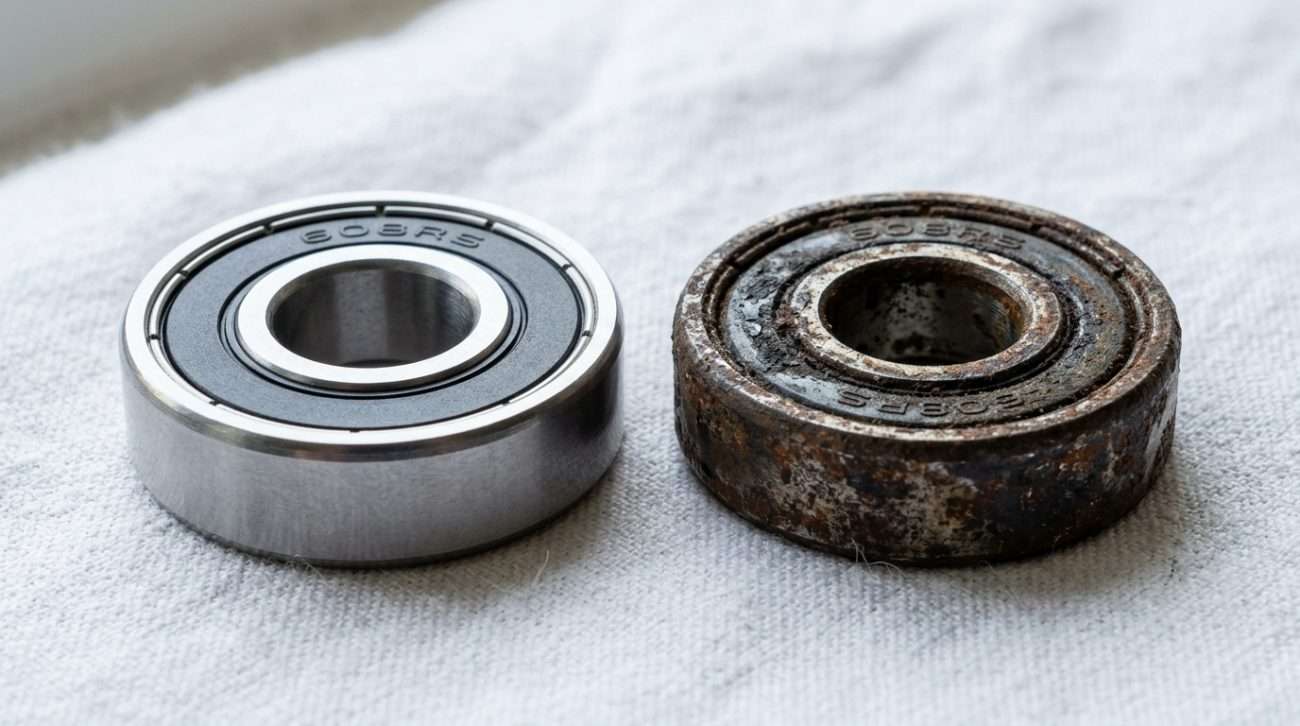 Side-by-side comparison of a clean longboard bearing and a corroded bearing showing rust and pitting on the inner race