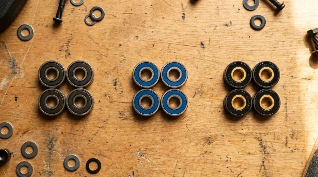 Three sets of longboard bearings at different price points laid out side by side — budget, mid-range, and performance options