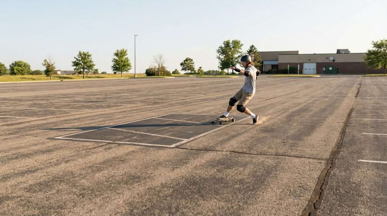 beginner practicing longboard stopping on empty parking lot — gentle slope with flat runout