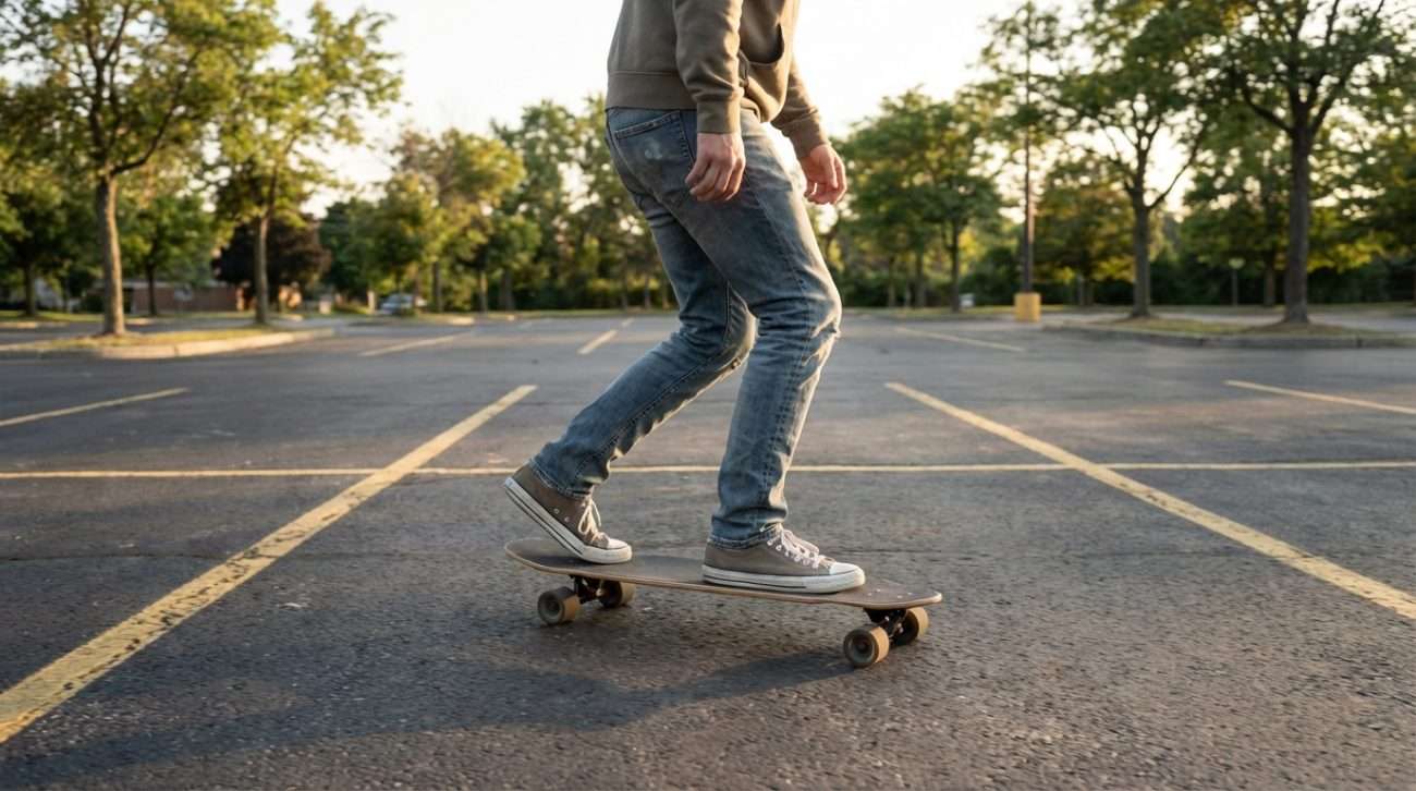 foot braking on longboard — back foot dragging lightly on ground, weight on front foot